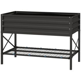 Outsunny Black Galvanized Raised Bed: Elevated Planter with Shelf, Liner Included for Outdoor Gardening|