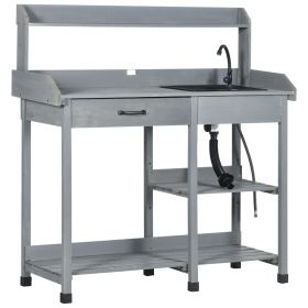 Outsunny Wooden Potting Bench Table Gray with Removable Sink Hose Hook Up Drawer Shelves Hooks