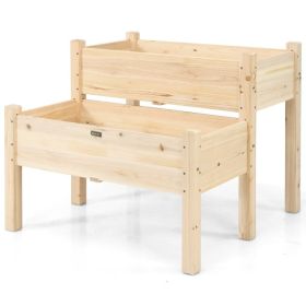 2 Tier Wooden Raised Garden Bed with Legs Drain Holes (Color: Natural)