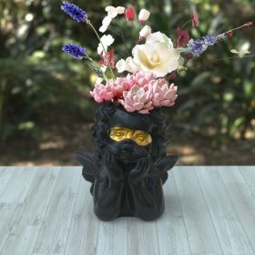 Angel Statue Crafted Head Face Planter Pot,Face Flower Pot with Drainage Hole Perfect for a DIY Succulents Plants and Flower Arrangement (Color: black gold)